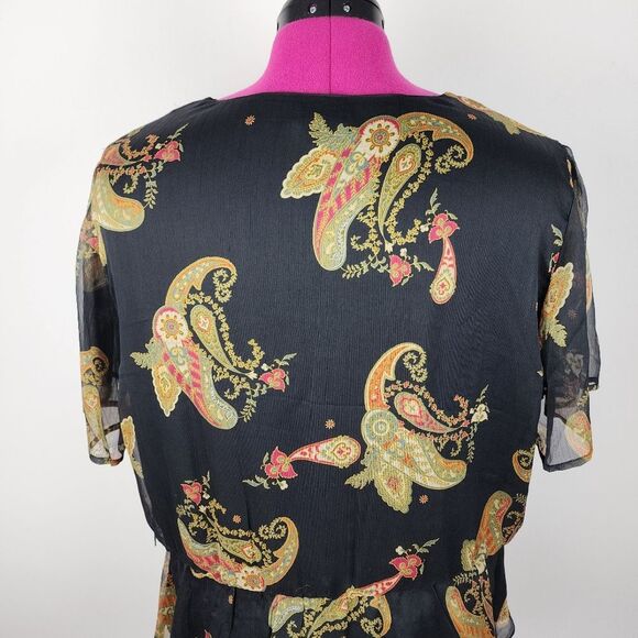 Vince Camuto Asymmetric Blouse Top Paisley Cinch Waist Lined Rich Black Size 2X - Picture 13 of 16